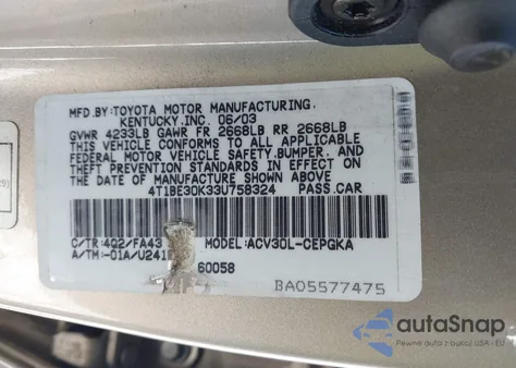 2003 Toyota Camry Xle из США, поврежденный, VIN 4T1BE30K33U758324